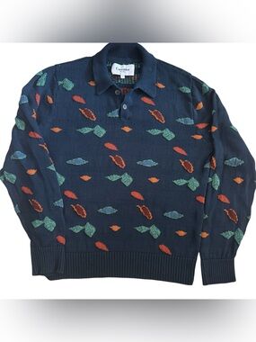 Corridor New York Fall Foliage Navy Knit Polo Peruvian Cotton Sweater Sz L